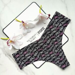 NWT PINK VICTORIA'S SECRET NO-SHOW SMOOTH THONG PANTY IN PURE BLACK FONT PRINT S